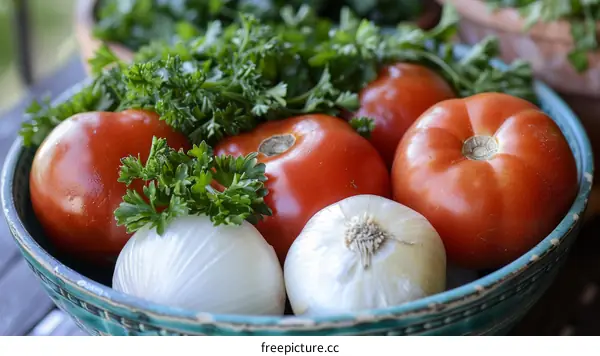 A bowl of tomatoes, onions, and parsley