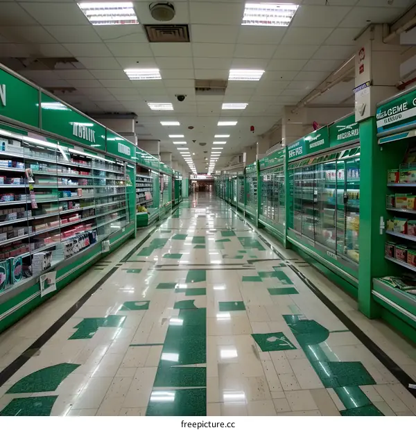 Empty Grocery Store Aisle with Green Shelving