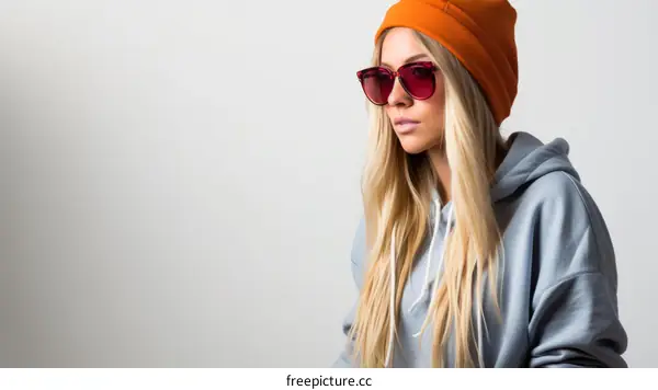 Portrait of a young blonde woman wearing an orange beanie and sunglasses