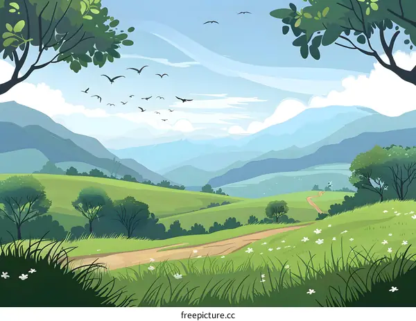 Green Meadow Landscape With Rolling Hills and Birds Flying in the Sky