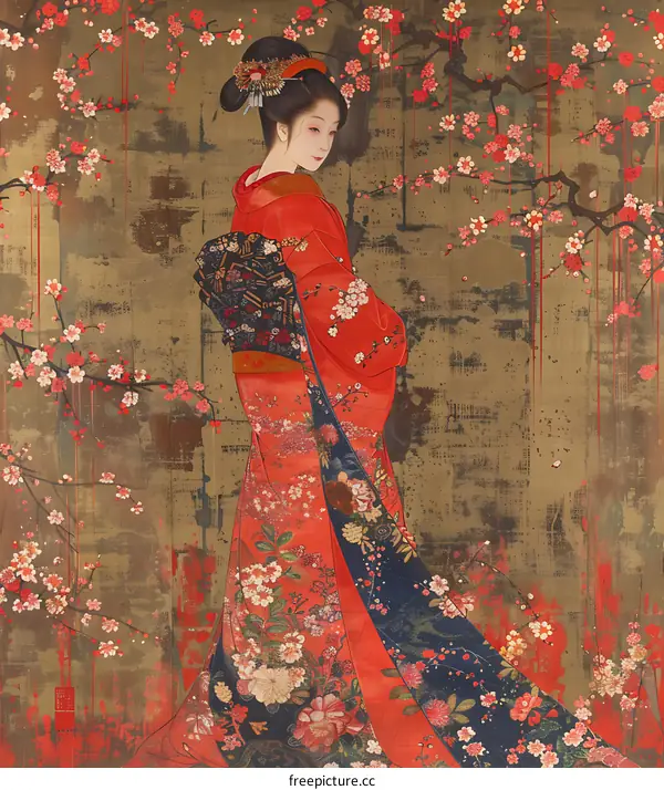 A Japanese woman wearing a red kimono