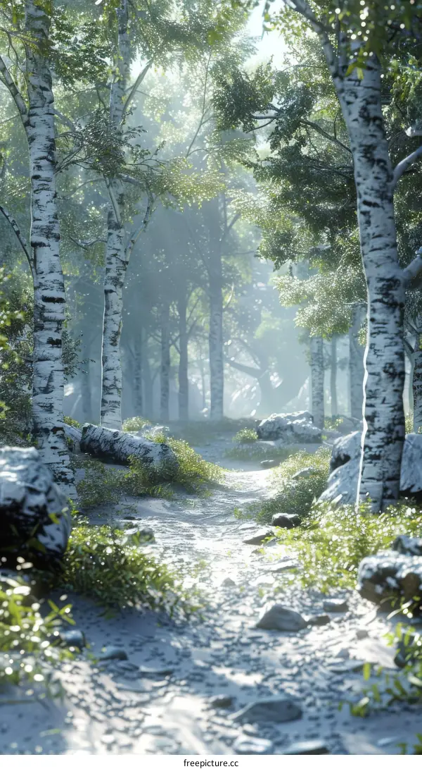 Sunbeams Through Birch Forest