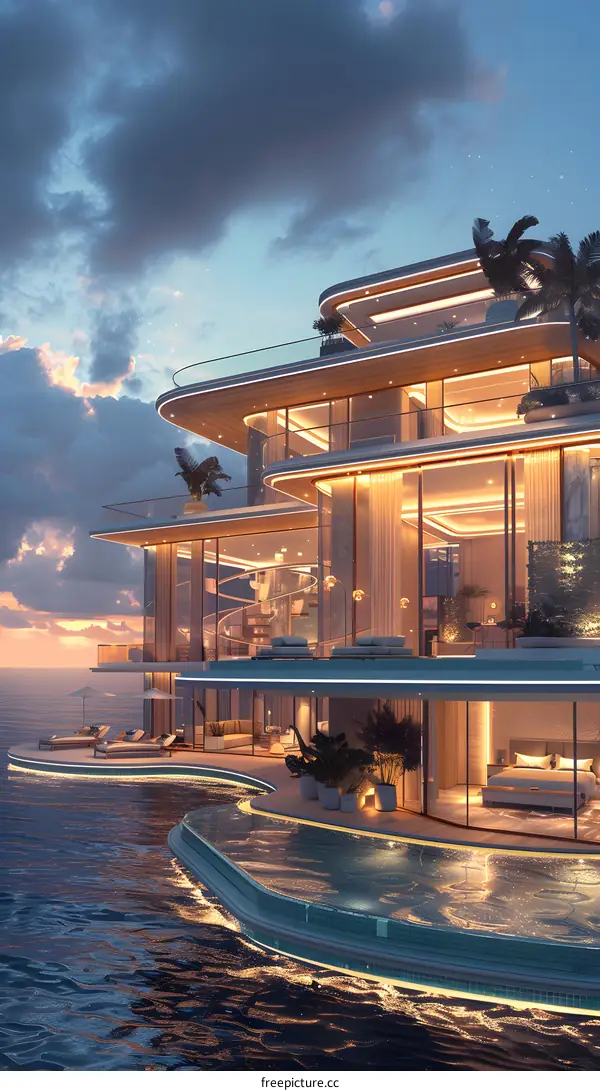 A modern house with a pool on the water