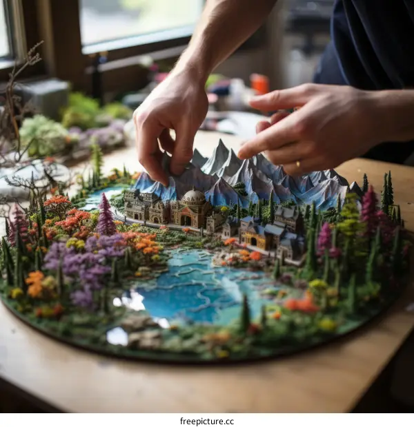 A man building a miniature fantasy world with mountains, trees, and a lake