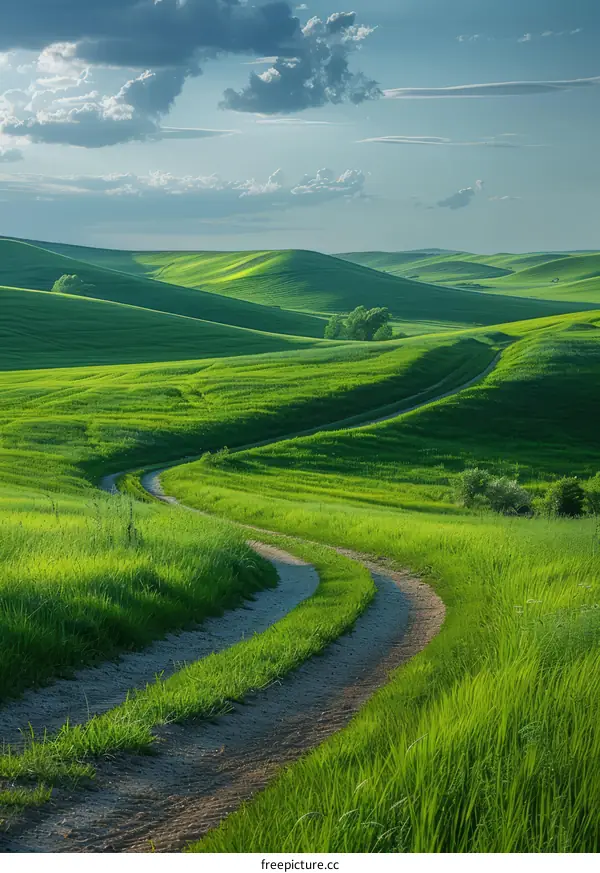 Countryside dirt road through rolling green hills