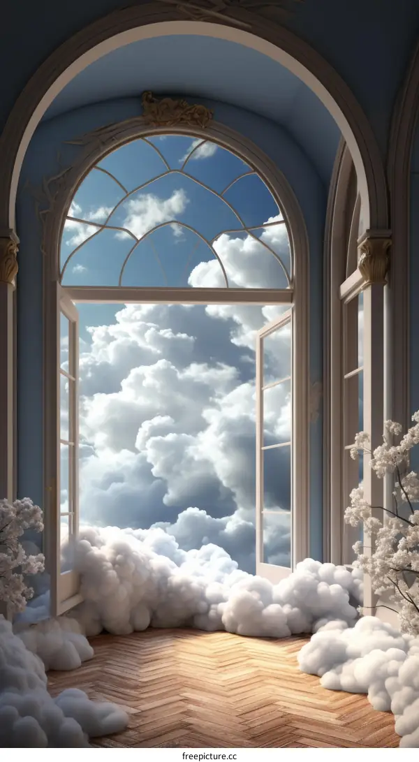 An illustration of a room with a large window looking out onto a cloudy sky