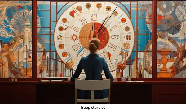 Lady in blue suit sitting in front of a large clock