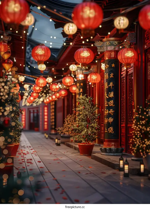 Chinese New Year Festive Street Scene Illustration