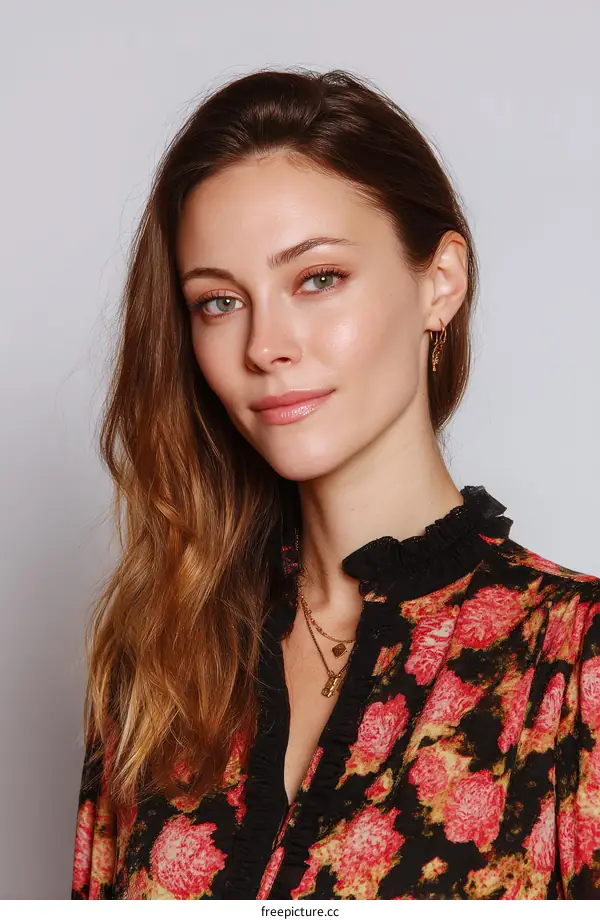 Beautiful Woman Wearing Floral Print Dress Portrait