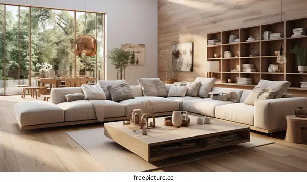 Modern and minimalist living room with large windows and wooden furniture