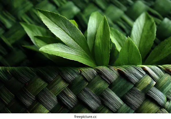 Green Leaves on Woven Natural Pattern