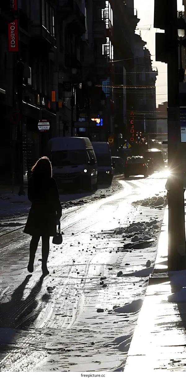 Woman Walking on Snowy Street in City