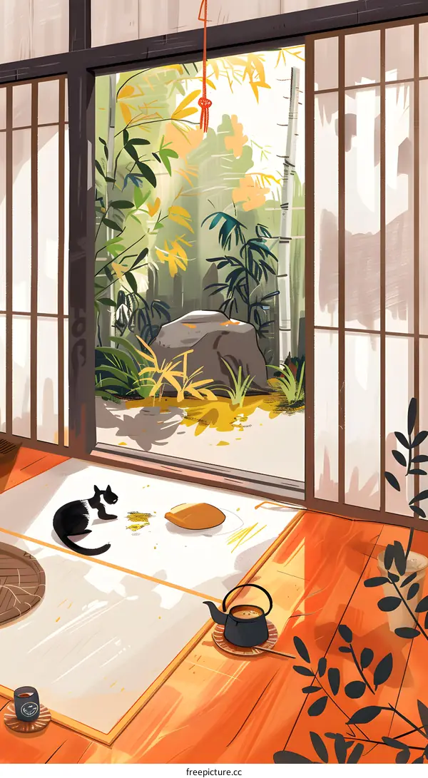 Japanese Style Room with Open Window and Garden View