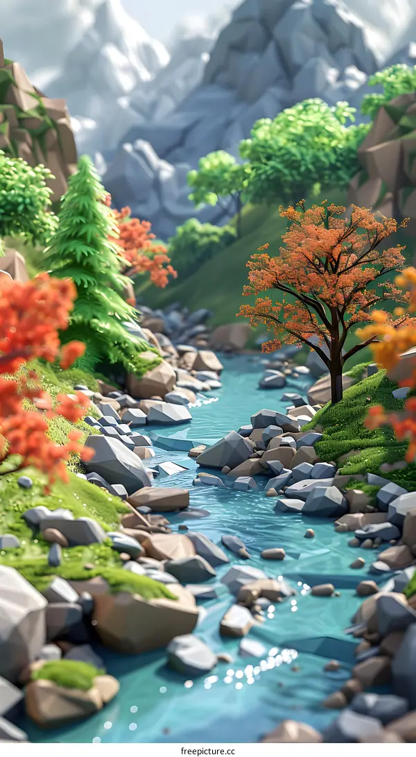 Low Poly River Landscape with Mountain and Trees