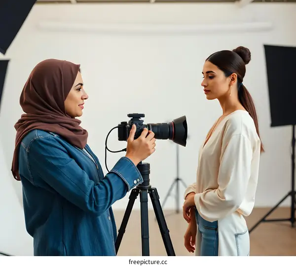 Professional Photographer Taking Pictures of Female Model in Studio