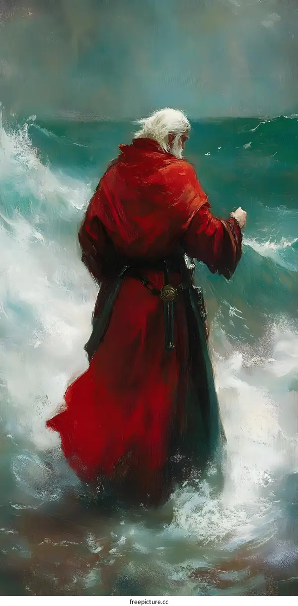 A Man in Red Robe Standing at the Edge of the Sea