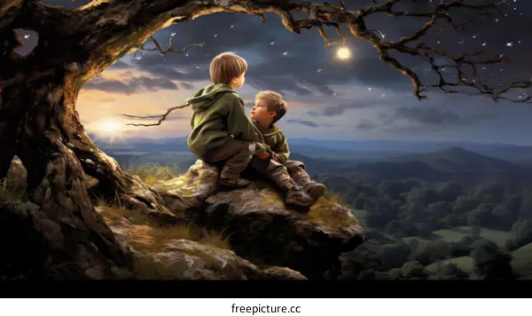 Two boys sitting on a rock looking at the sunset