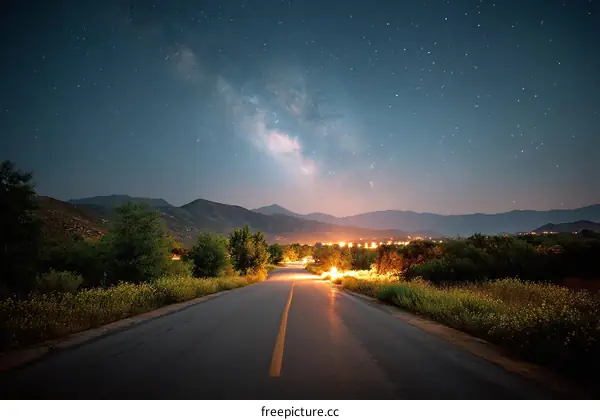 Starry Night Road Through Mountains