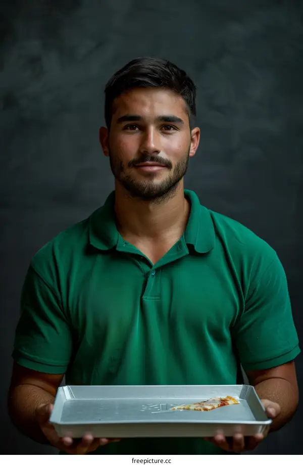 Young male pizza delivery man holding a pizza