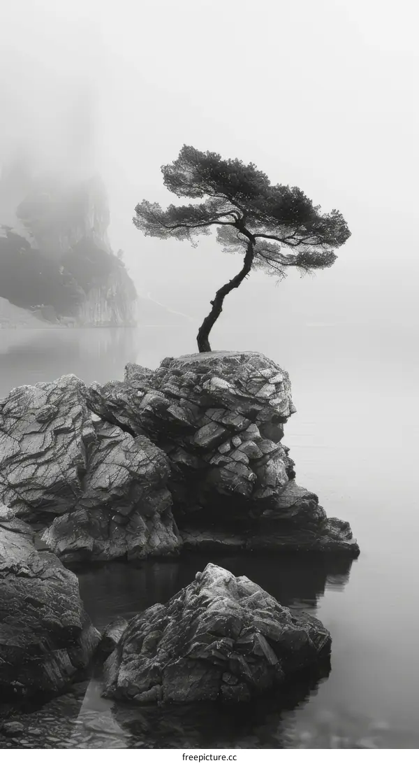 Solitary Tree on Sea Rock (Black and White)