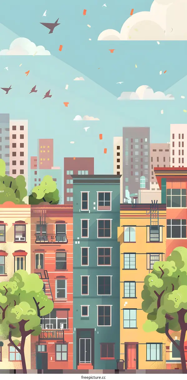 Illustrated Cityscape With Colorful Buildings and Sky