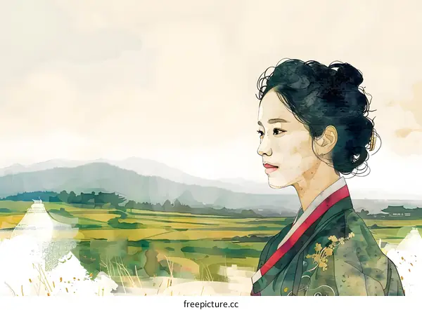 The Korean woman in Hanbok is looking at the scenery of rice fields