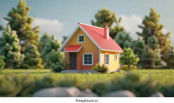 Small cartoon house in the middle of a green field with trees in the background