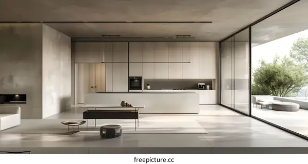 Modern Kitchen Interior Design with Minimalist Furniture and Large Window