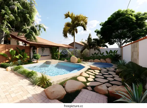Tropical Backyard Pool Design with Palm Trees and Stepping Stones