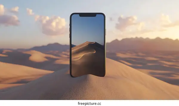 Phone in Desert Sand Dunes with a Desert Landscape on the Screen