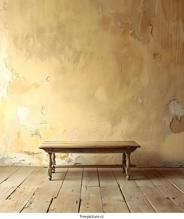 Old Wooden Table In Front of Weathered Wall