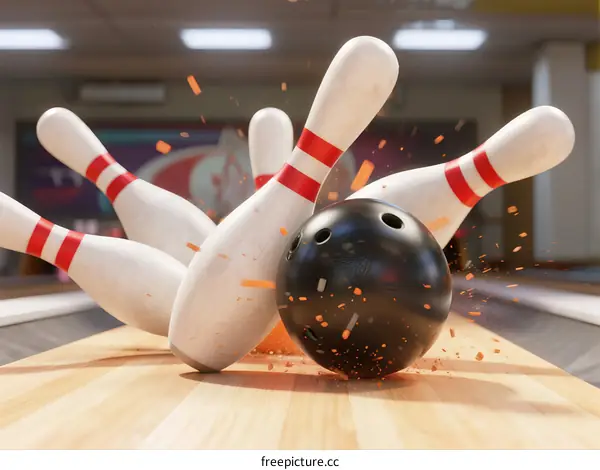 Black bowling ball crashing into white pins with orange sparks