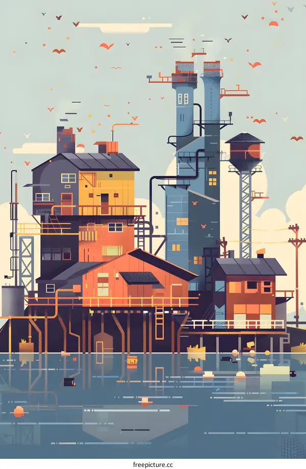 Colorful Illustration of a City With Tall Buildings and Water Reflections