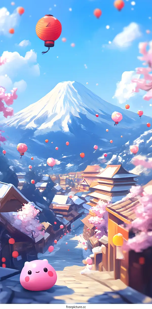 Cute Pink Character in Japanese Town with Mountain Background