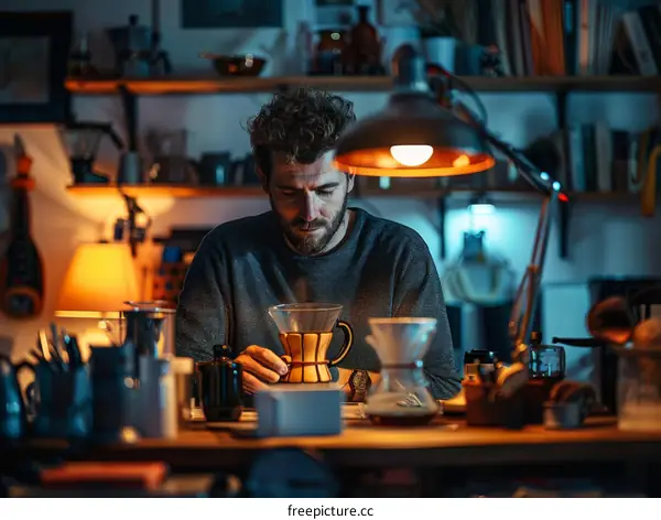 A Bearded Man Making Coffee at Night