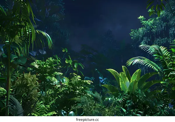 Jungle Night Background with Lush Greenery