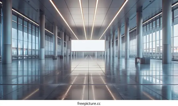 Modern empty airport terminal interior with blank billboard