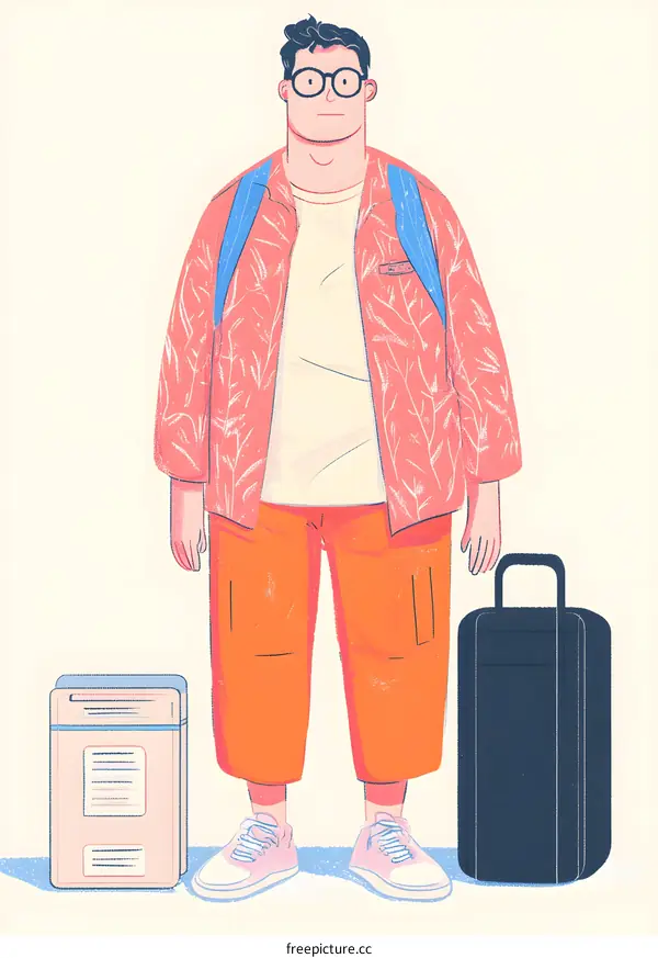 Man with Backpack and Suitcase Illustration