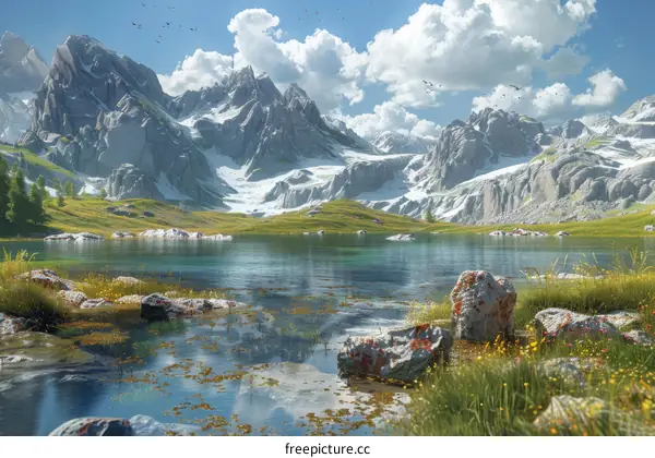 Breathtaking Meadow and Crystalline Lake with Mountain Backdrop