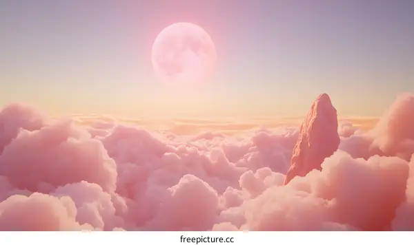 Pink Clouds and a Full Moon Above a Mountain Peak