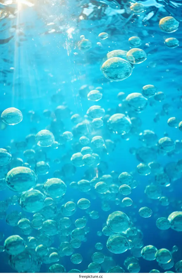 Underwater bubbles with sun rays shining through