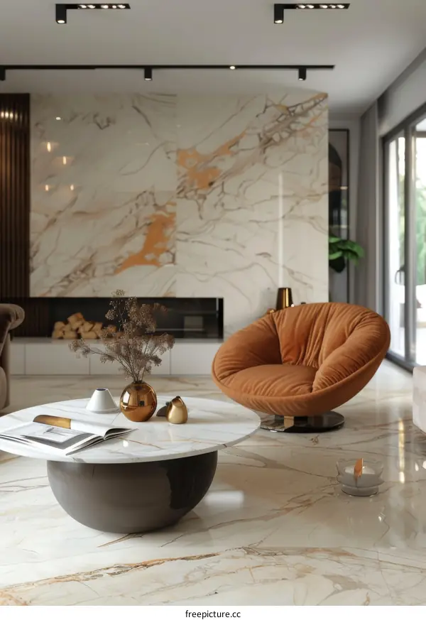 A luxurious living room with marble floor and walls, and a large comfortable orange chair.