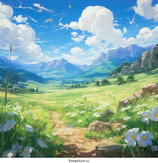 fantasy landscape with mountains and flowers