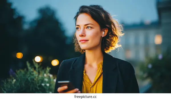 Thoughtful Woman Outdoors with Headphones and Phone
