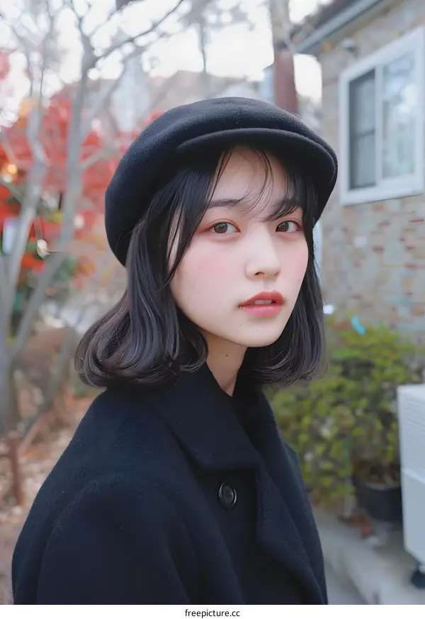 Young Asian Woman Wearing a Black Coat and Hat
