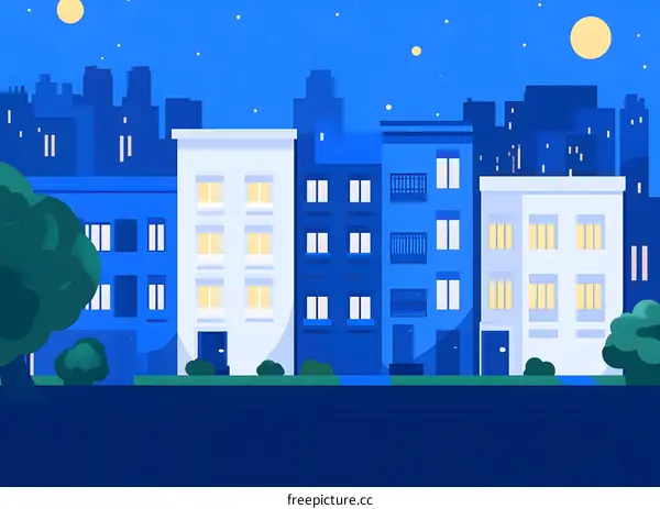 Night Cityscape with Buildings and Stars