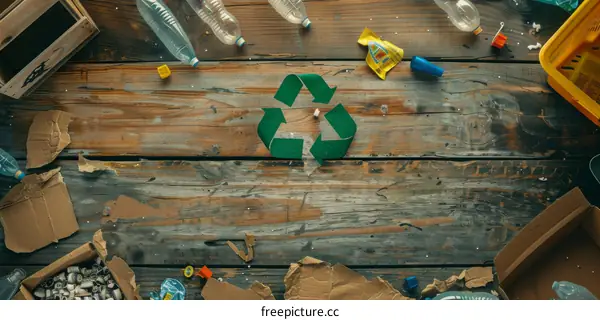 Green Recycle Symbol on Wood with Trash and Recyclables