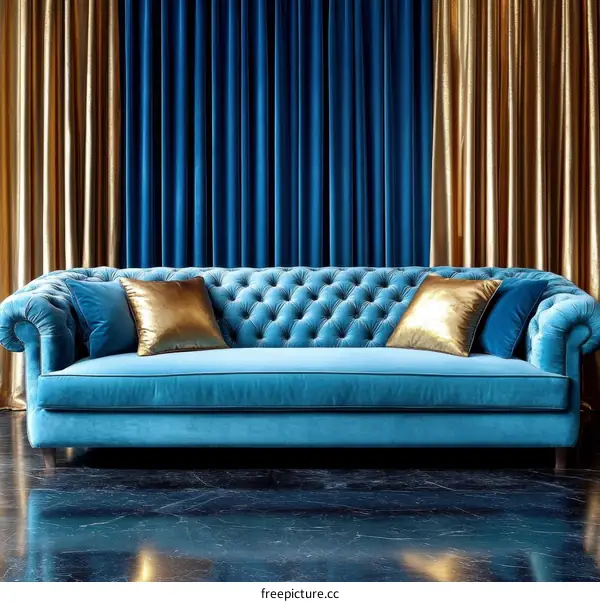 Elegant Teal Sofa with Gold Accents in a Luxurious Room