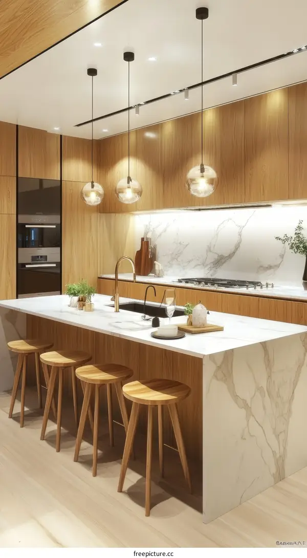 Modern Wooden Kitchen Island with Marble Countertop