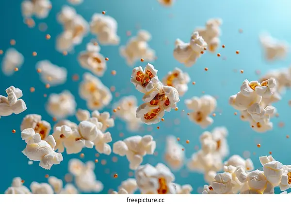 A blue background with a bunch of popcorn pieces flying in the air